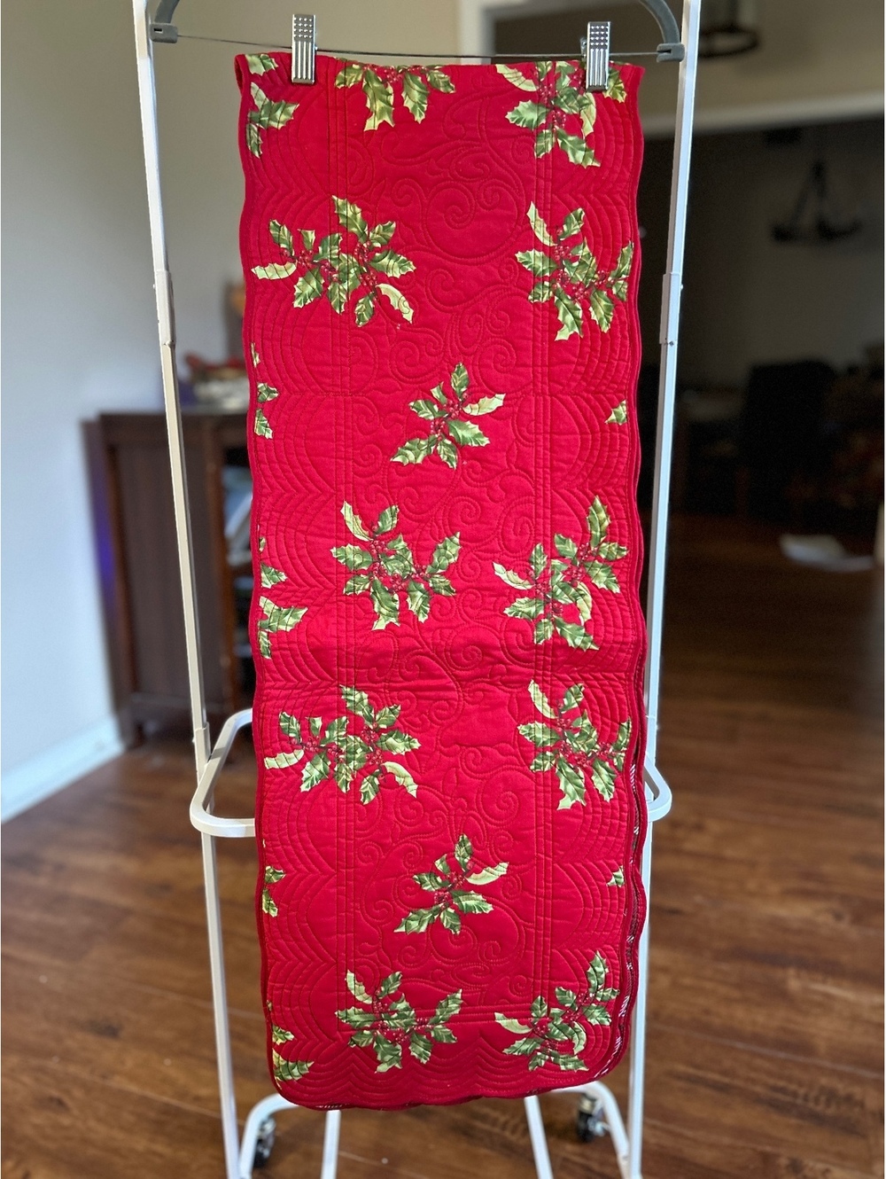 Handmade Quilted Christmas Table Runner with Poinsettia and Plaid Design
